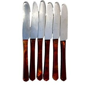 Vtg Kaylan Stainless Steel Serated Knives Brown Marbled Thermoset Handles MCM